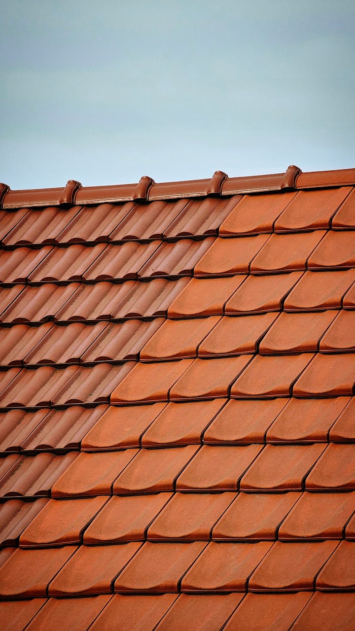 Close-up of red roof tiles with a clear blue sky. Architectural detail and texture.